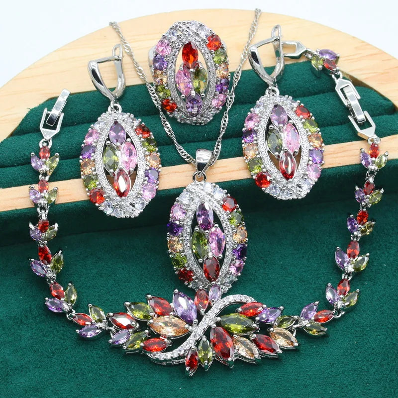 Luxurious Purple Amethyst 925 Sterling Silver Jewelry set for Women Bracelet Earrings Necklace pendant Ring Birthday Gift