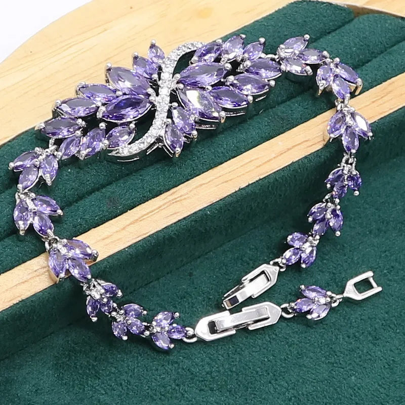 Luxurious Purple Amethyst 925 Sterling Silver Jewelry set for Women Bracelet Earrings Necklace pendant Ring Birthday Gift