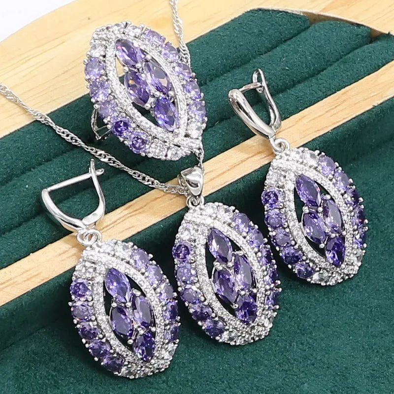 Luxurious Purple Amethyst 925 Sterling Silver Jewelry set for Women Bracelet Earrings Necklace pendant Ring Birthday Gift