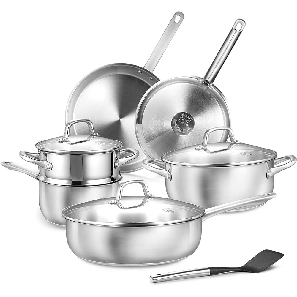 Stainless Steel Cookware Set 10pcs, All Stoves Compatible, Oven Safe