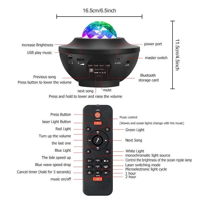 Starry Projector Night Light with Ocean Wave Music Speaker Nebula Cloud Ceiling Lamp Decoration Birthday Gifts Party Festival