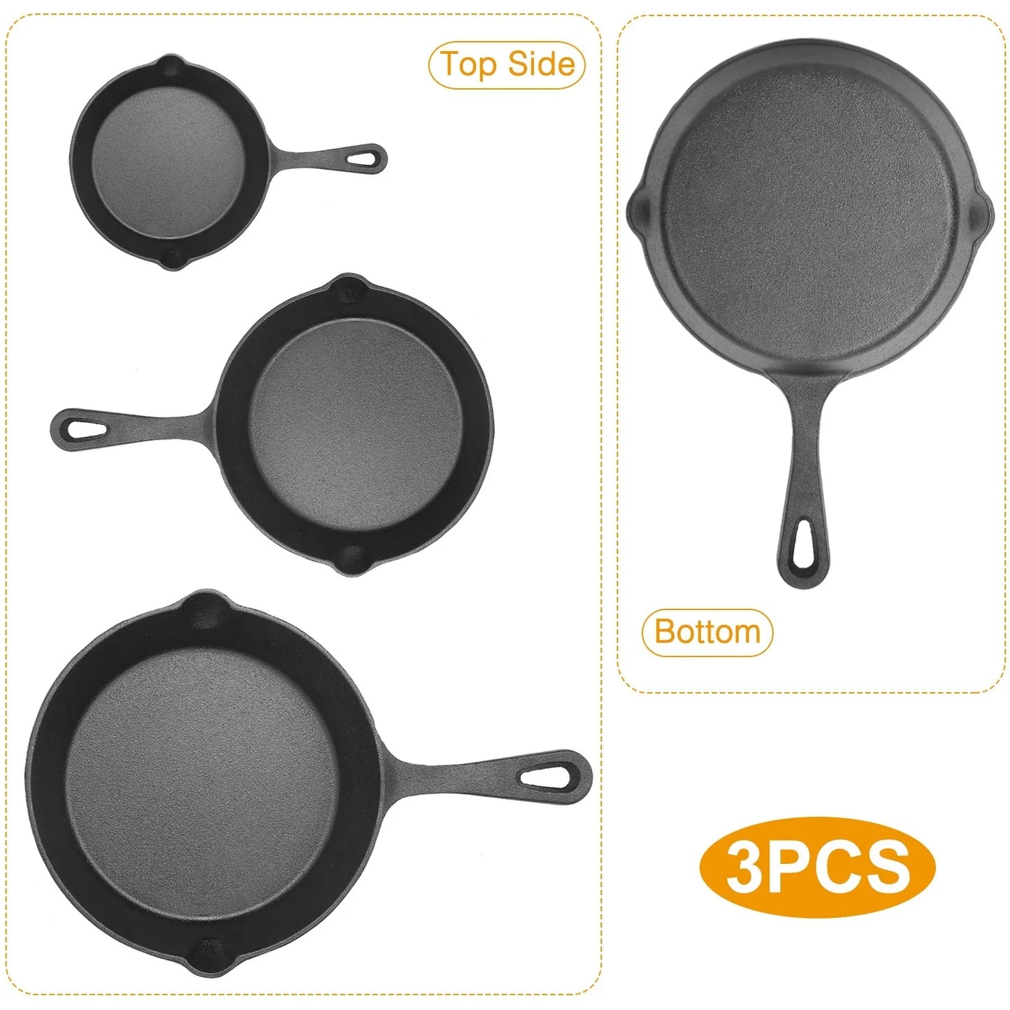 3Pcs Pre-Seasoned Cast Iron Skillet Set 6/8/10in Heat-Resistant Frying Pan
