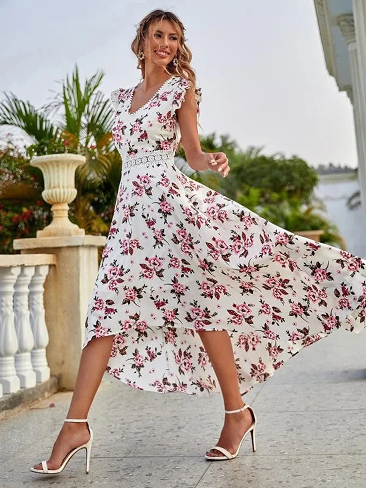 Fashion Casual Women Little Floral Print Dress Lace Collar Waist Wooden Ear Edge Dress Female Elegant Dress On sale