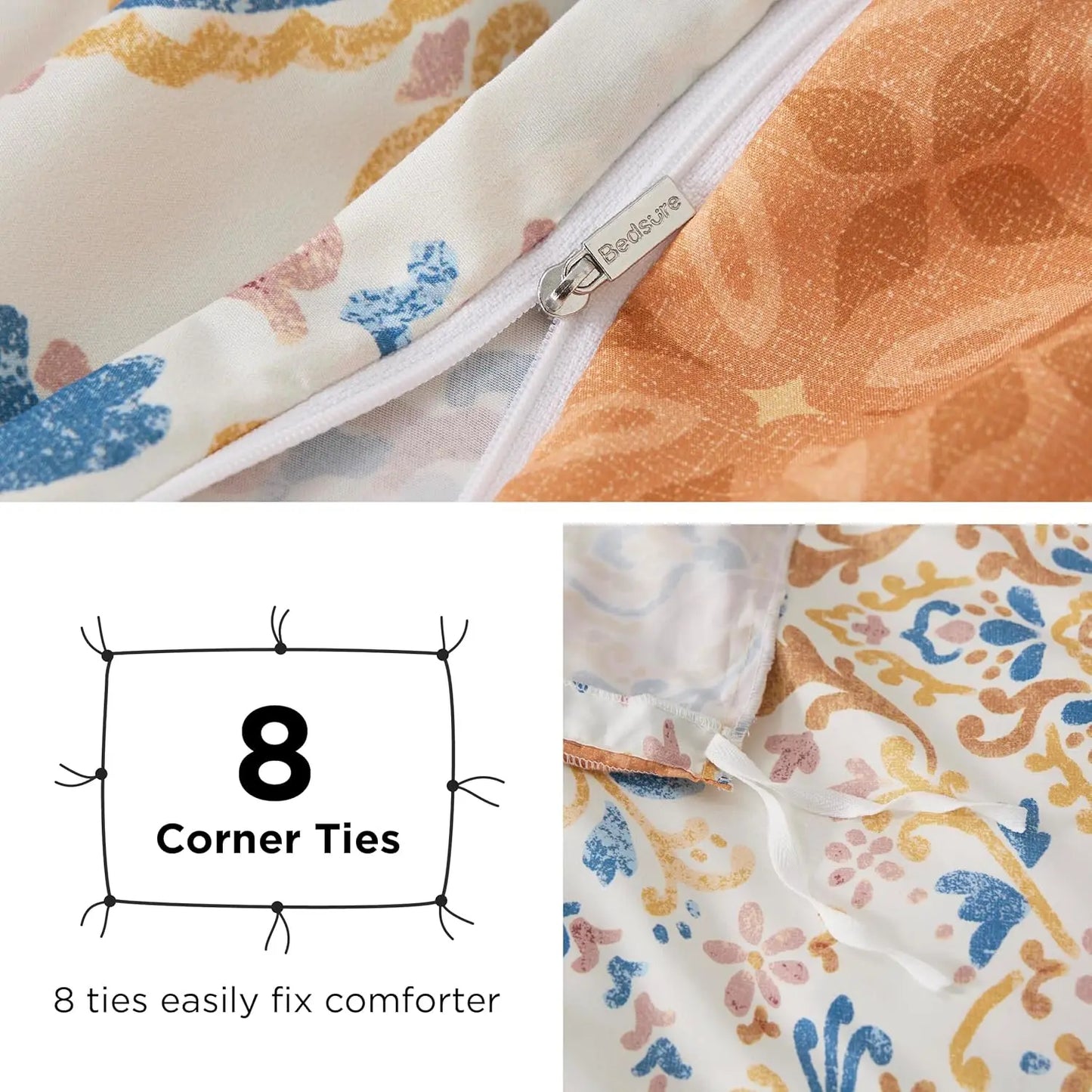 Cover Queen Size - Reversible Bohemian Orange Duvet Cover Set with Zipper Closure, Damask Patterned Bedding