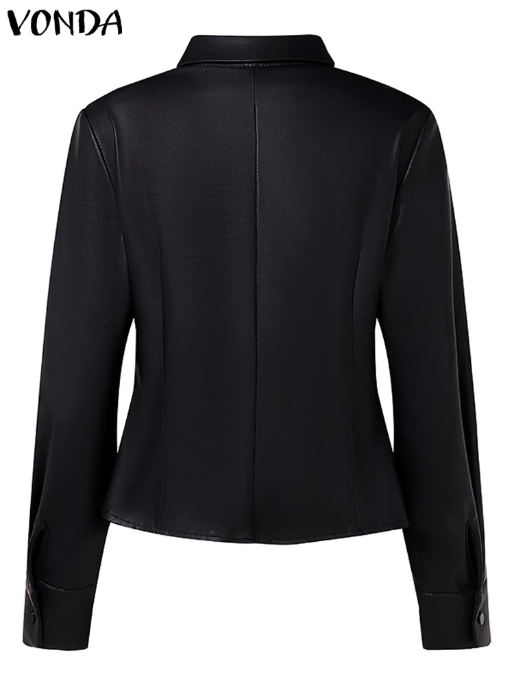 Women Outwear Jackets Turn Down Collar Long Sleeve Cool Style Clubwear Leather Coat Stylish European Trench