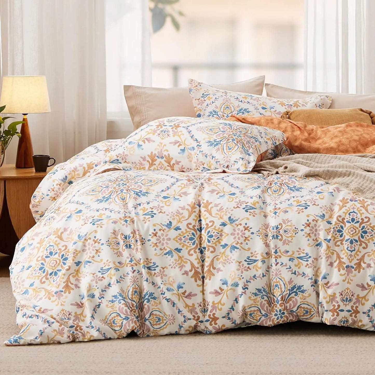 Cover Queen Size - Reversible Bohemian Orange Duvet Cover Set with Zipper Closure, Damask Patterned Bedding