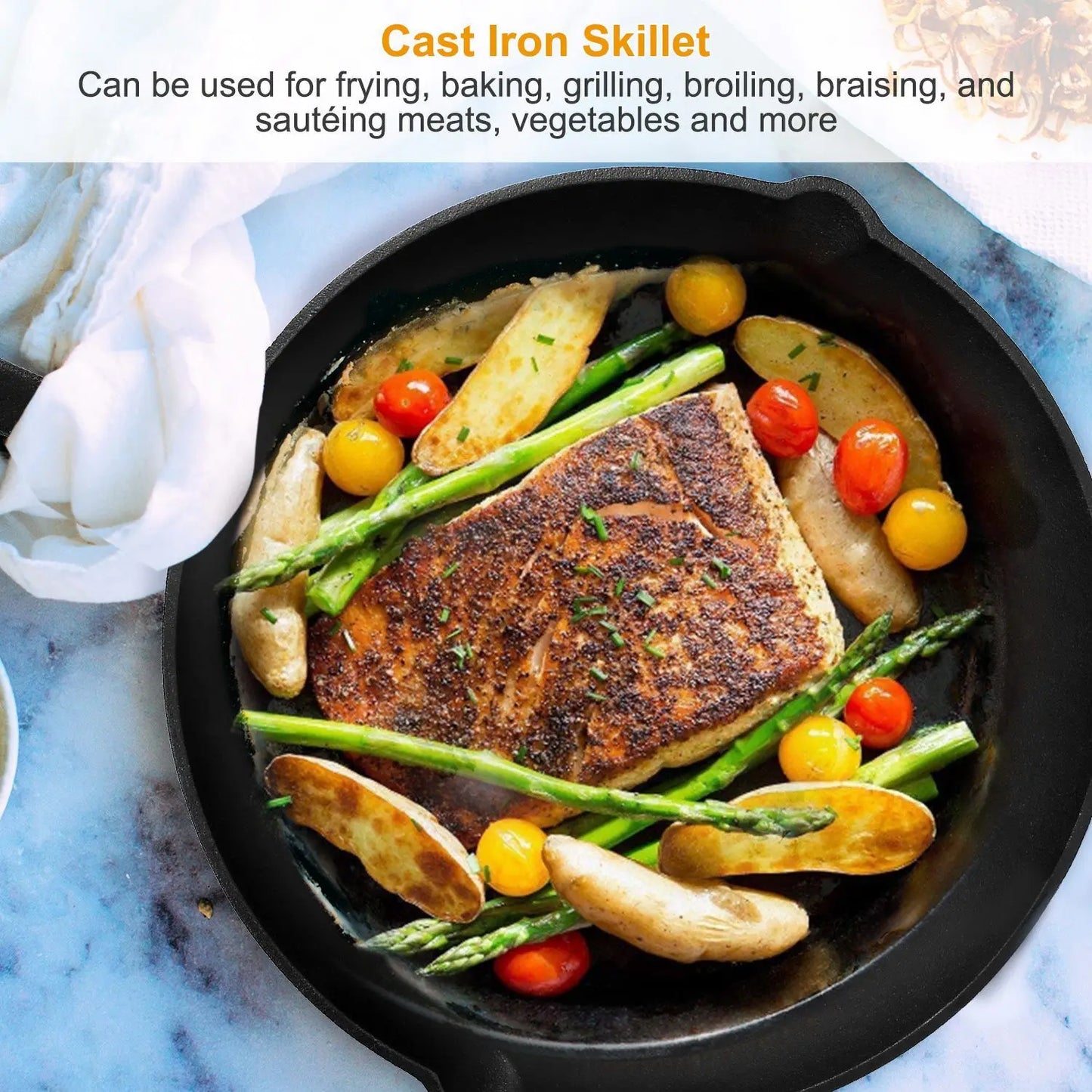 3Pcs Pre-Seasoned Cast Iron Skillet Set 6/8/10in Heat-Resistant Frying Pan