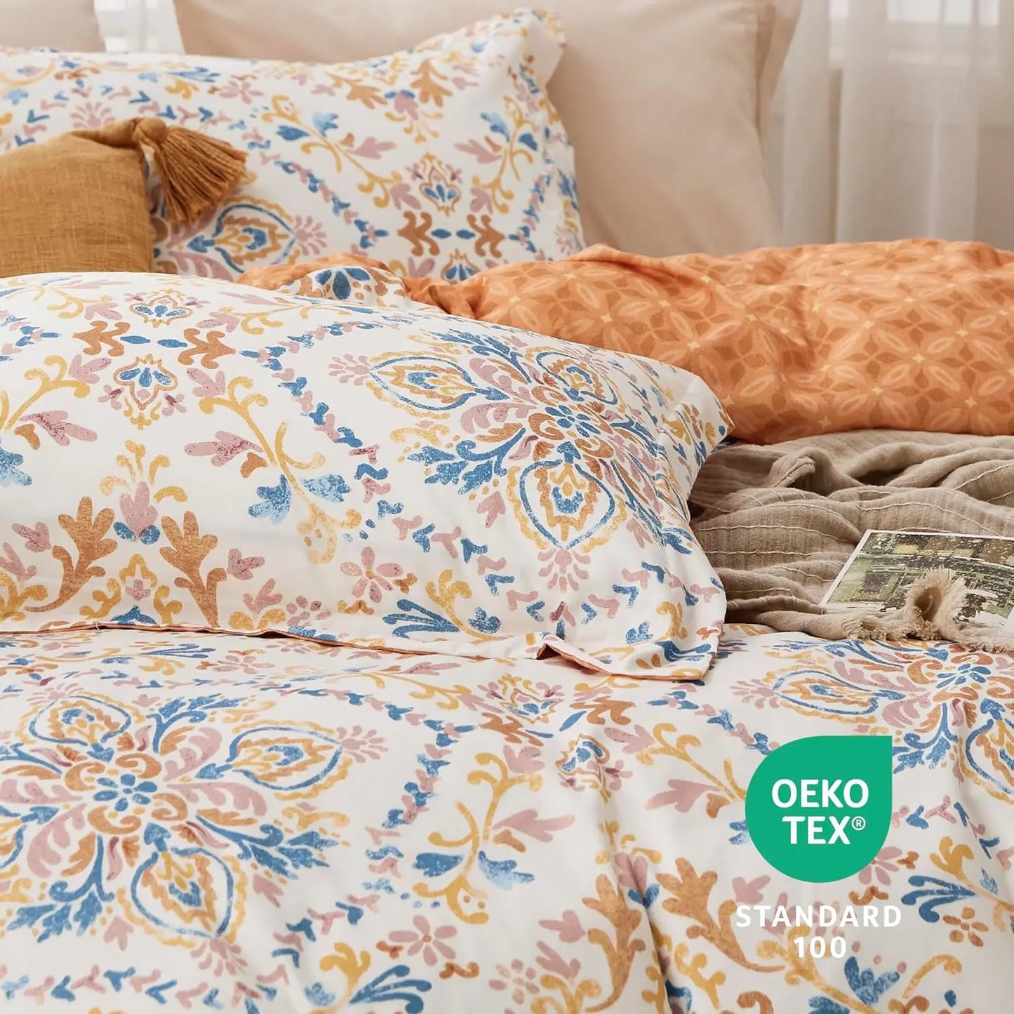 Cover Queen Size - Reversible Bohemian Orange Duvet Cover Set with Zipper Closure, Damask Patterned Bedding