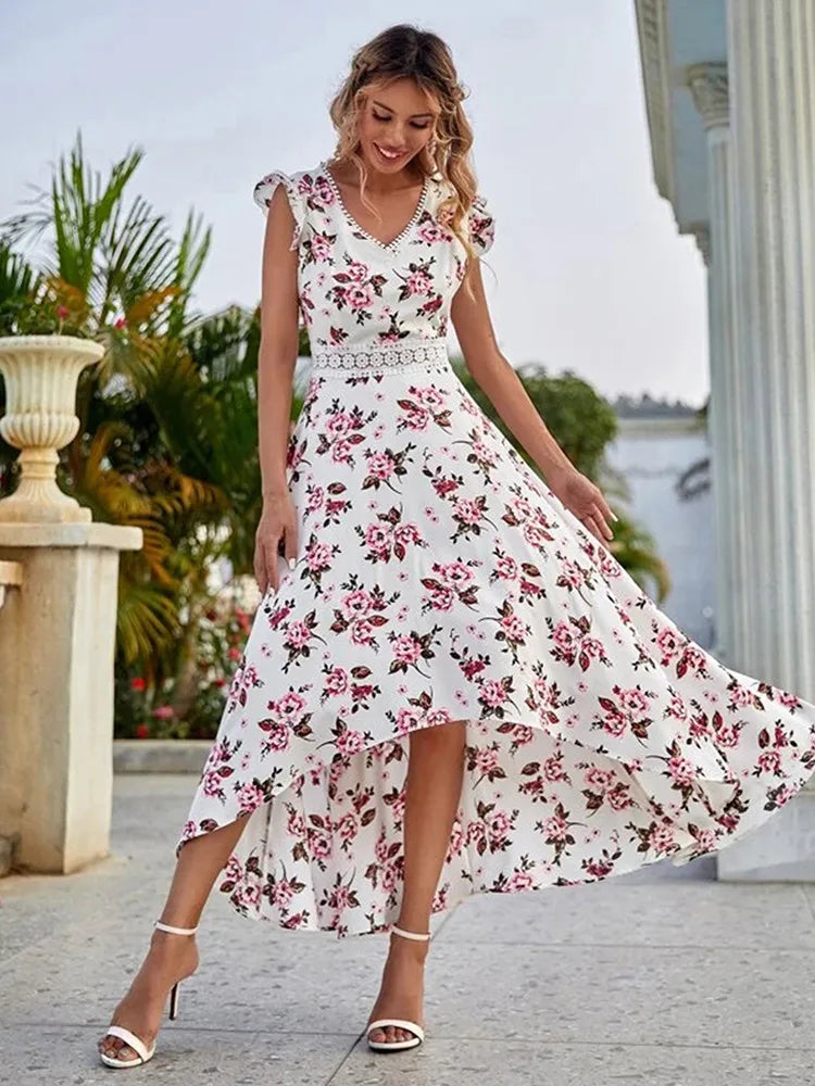 Fashion Casual Women Little Floral Print Dress Lace Collar Waist Wooden Ear Edge Dress Female Elegant Dress On sale