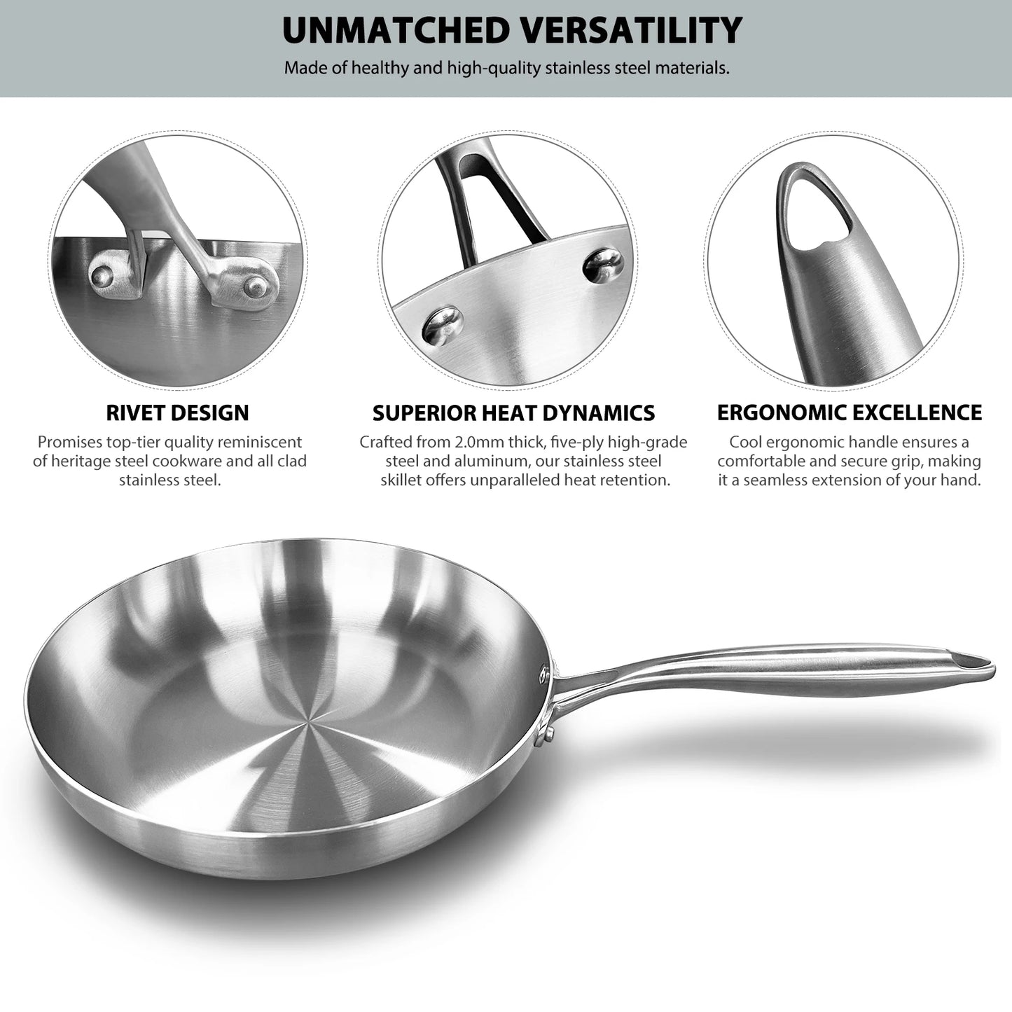 Stainless Steel Frying Pan, NonStick Pan Fried Steak Pot Uncoated Kitchen Cookware For Gas Stove and Induction Cooker