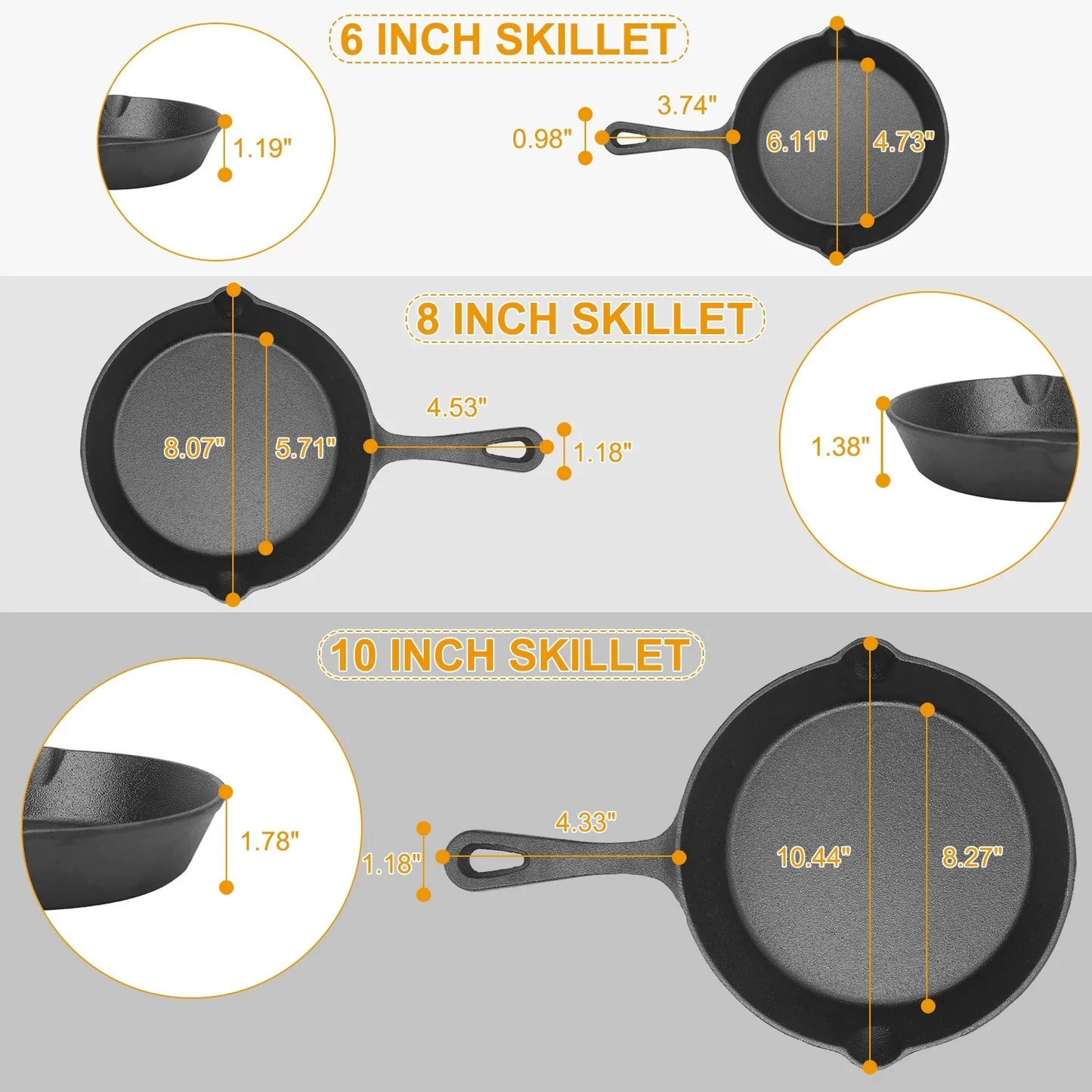 3Pcs Pre-Seasoned Cast Iron Skillet Set 6/8/10in Heat-Resistant Frying Pan