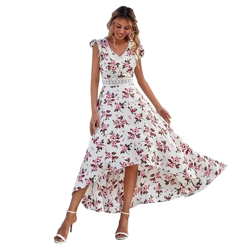 Fashion Casual Women Little Floral Print Dress Lace Collar Waist Wooden Ear Edge Dress Female Elegant Dress On sale