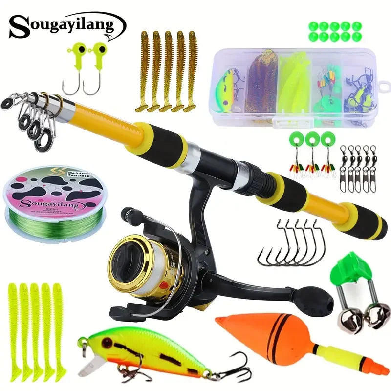 Spinning Fishing Pole Set 1.8M Portable Telescopic Rod with 5.2:1 Fishing Reel Max Drag 5kg Full Fishing Kit