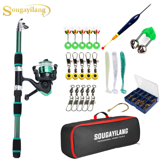 Telescopic Fishing Rod And Spinning Reel Baits Hooks Fishing Pole Set Full Kits Travel Pole Set