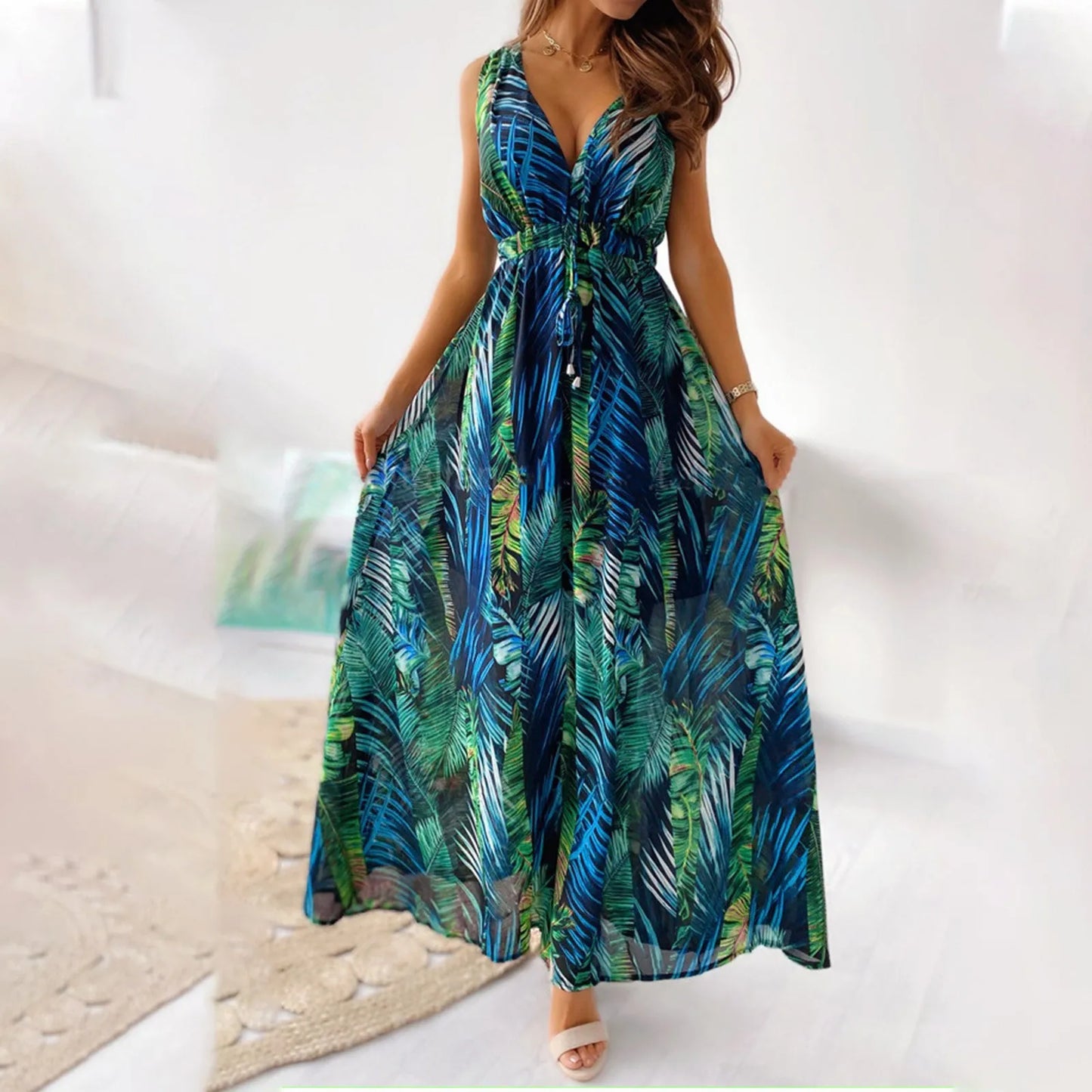 Summer Women Chiffon Floral Long Dress French Style Short Sleeve Elastic A-line Dresses Summer Bohemian Print Beach Dress