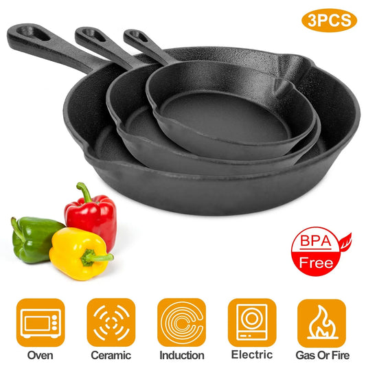 3Pcs Pre-Seasoned Cast Iron Skillet Set 6/8/10in Heat-Resistant Frying Pan