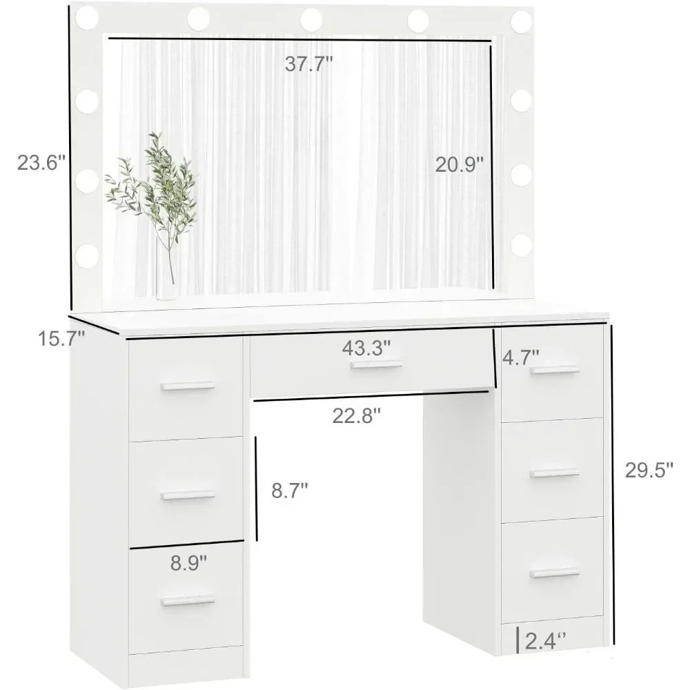 Makeup table with illuminated mirror, 3 color lighting modes, adjustable brightness, drawers, white, free shipping