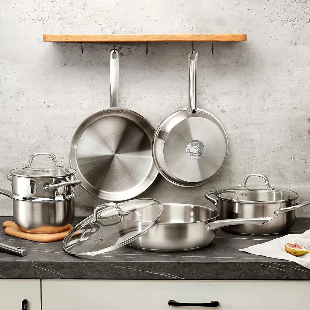 Stainless Steel Cookware Set 10pcs, All Stoves Compatible, Oven Safe