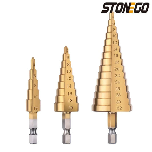 Titanium Coated 1/4" Hex Shank Step Drill Bit 4-12mm/4-20mm/4-32mm HSS Cone Hole Cutter for Metal, Wood, Plastic -1PC