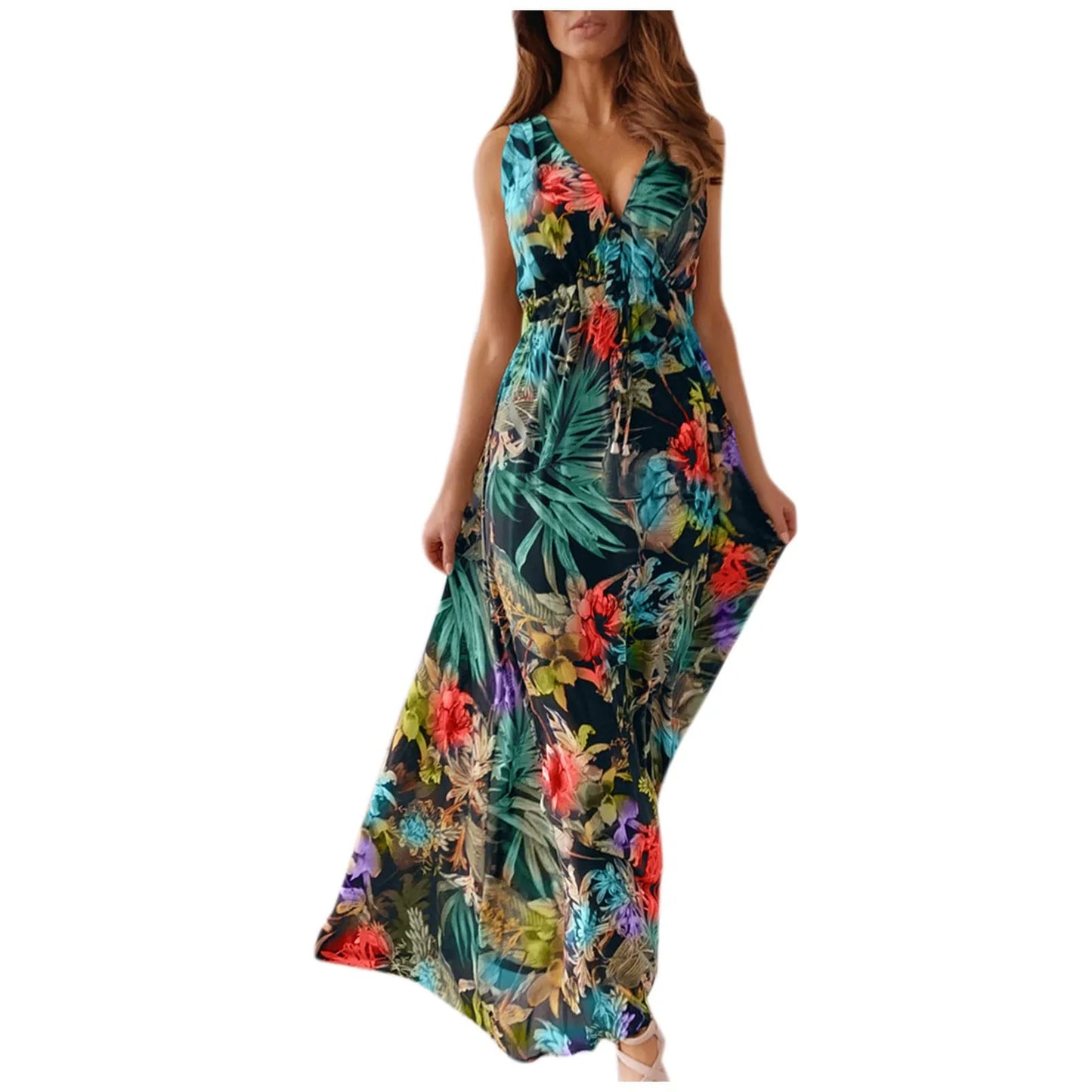 Summer Women Chiffon Floral Long Dress French Style Short Sleeve Elastic A-line Dresses Summer Bohemian Print Beach Dress