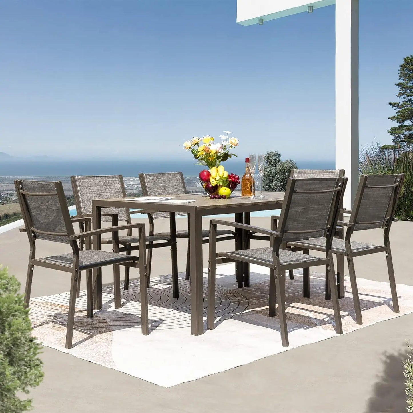 7 Piece Patio Dining Set Outdoor Furniture Set with Weather Resistant Table and 6 Stackable Textilene Chairs for Garden,