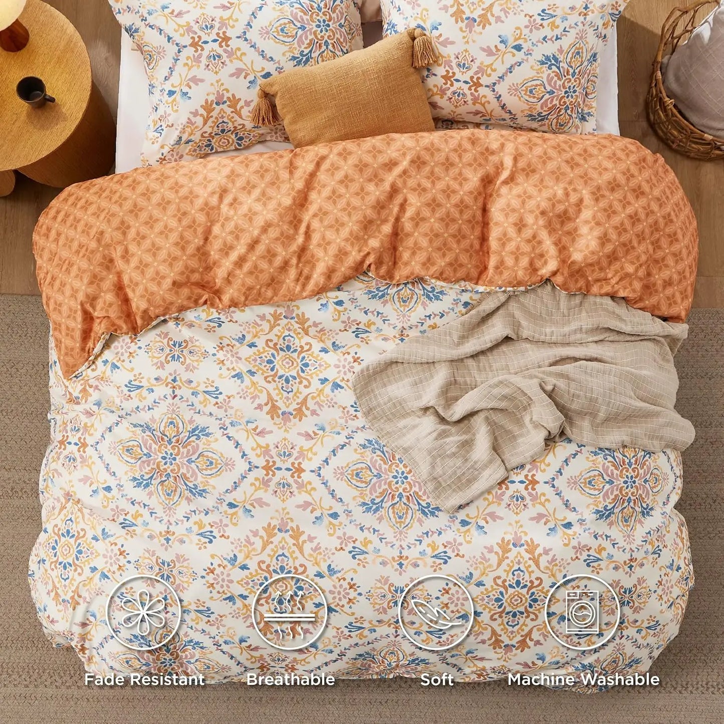 Cover Queen Size - Reversible Bohemian Orange Duvet Cover Set with Zipper Closure, Damask Patterned Bedding
