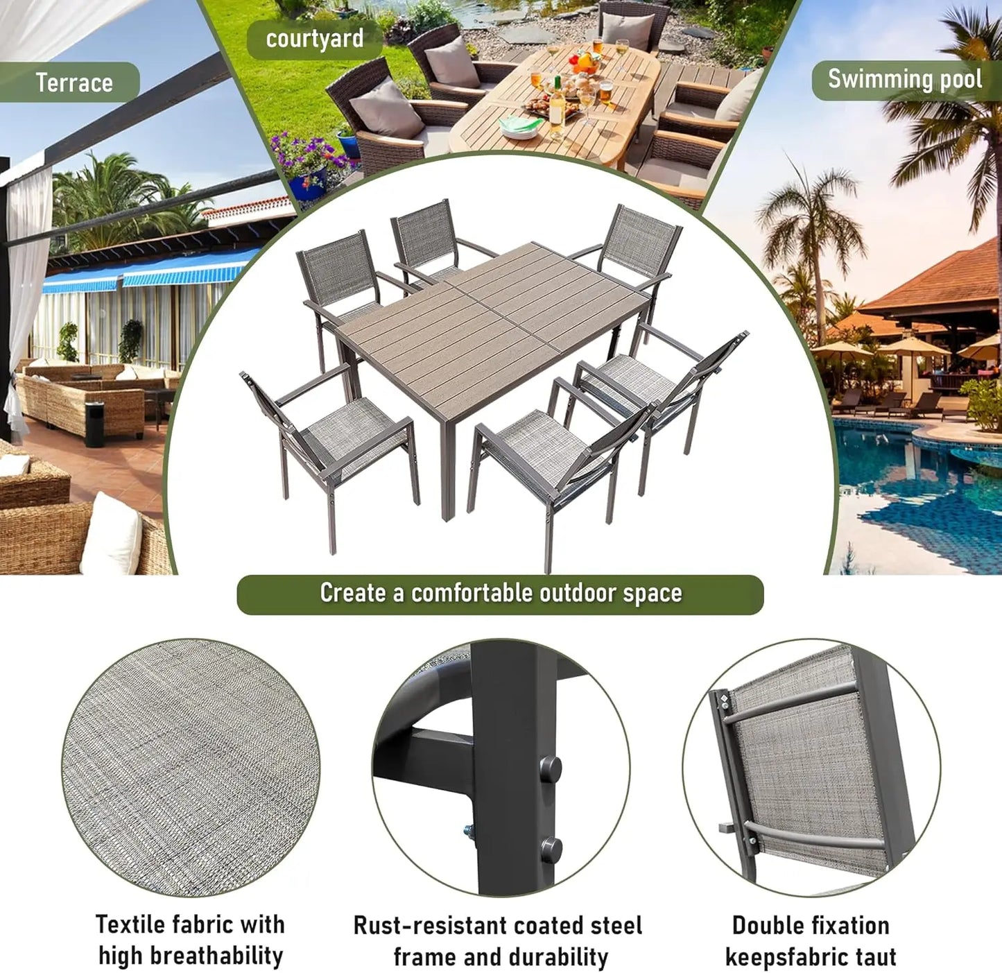 7 Piece Patio Dining Set Outdoor Furniture Set with Weather Resistant Table and 6 Stackable Textilene Chairs for Garden,