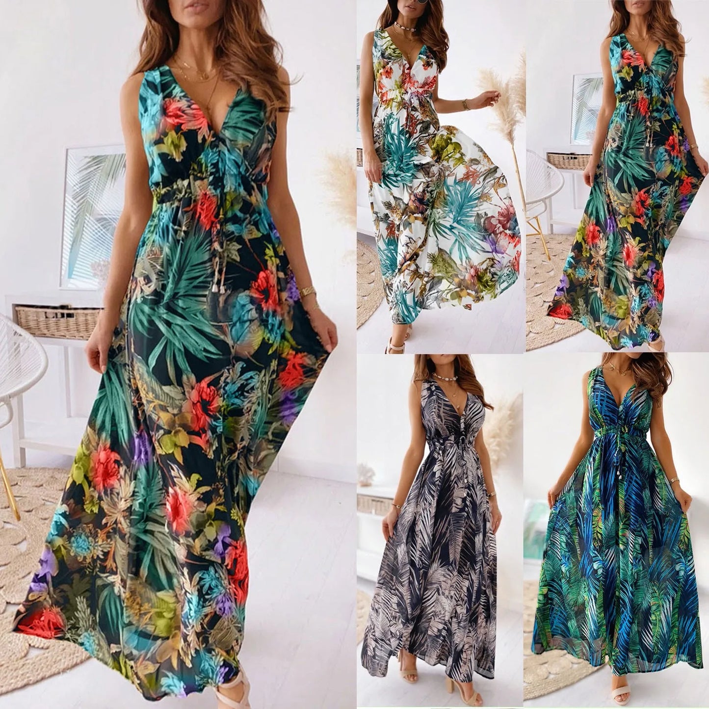 Summer Women Chiffon Floral Long Dress French Style Short Sleeve Elastic A-line Dresses Summer Bohemian Print Beach Dress