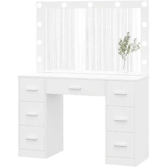 Makeup table with illuminated mirror, 3 color lighting modes, adjustable brightness, drawers, white, free shipping