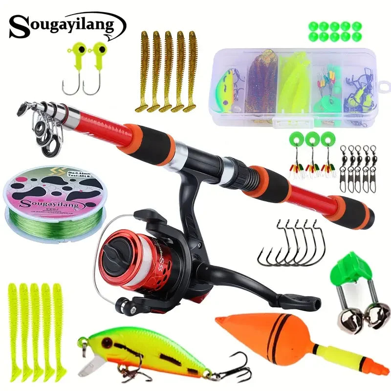 Spinning Fishing Pole Set 1.8M Portable Telescopic Rod with 5.2:1 Fishing Reel Max Drag 5kg Full Fishing Kit