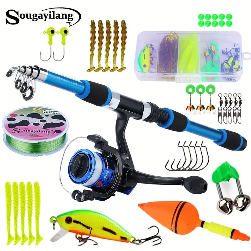 Spinning Fishing Pole Set 1.8M Portable Telescopic Rod with 5.2:1 Fishing Reel Max Drag 5kg Full Fishing Kit