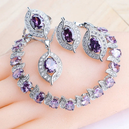 Purple Zircon Silver 925 Jewelry Sets Bridal Earrings Charms Bracelets For Women Ring Pendant Necklace Set Wedding Jewelry