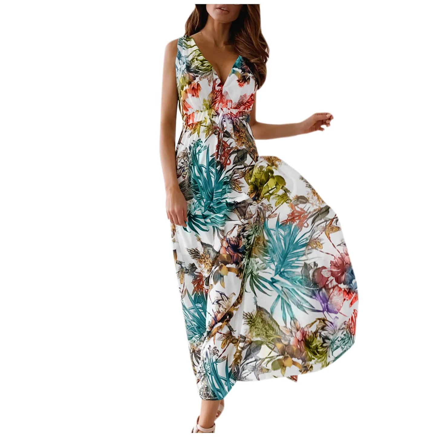 Summer Women Chiffon Floral Long Dress French Style Short Sleeve Elastic A-line Dresses Summer Bohemian Print Beach Dress