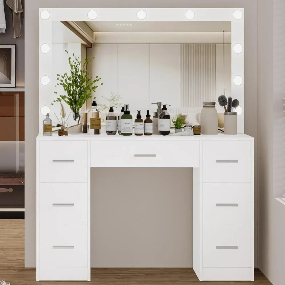 Makeup table with illuminated mirror, 3 color lighting modes, adjustable brightness, drawers, white, free shipping