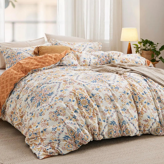 Cover Queen Size - Reversible Bohemian Orange Duvet Cover Set with Zipper Closure, Damask Patterned Bedding