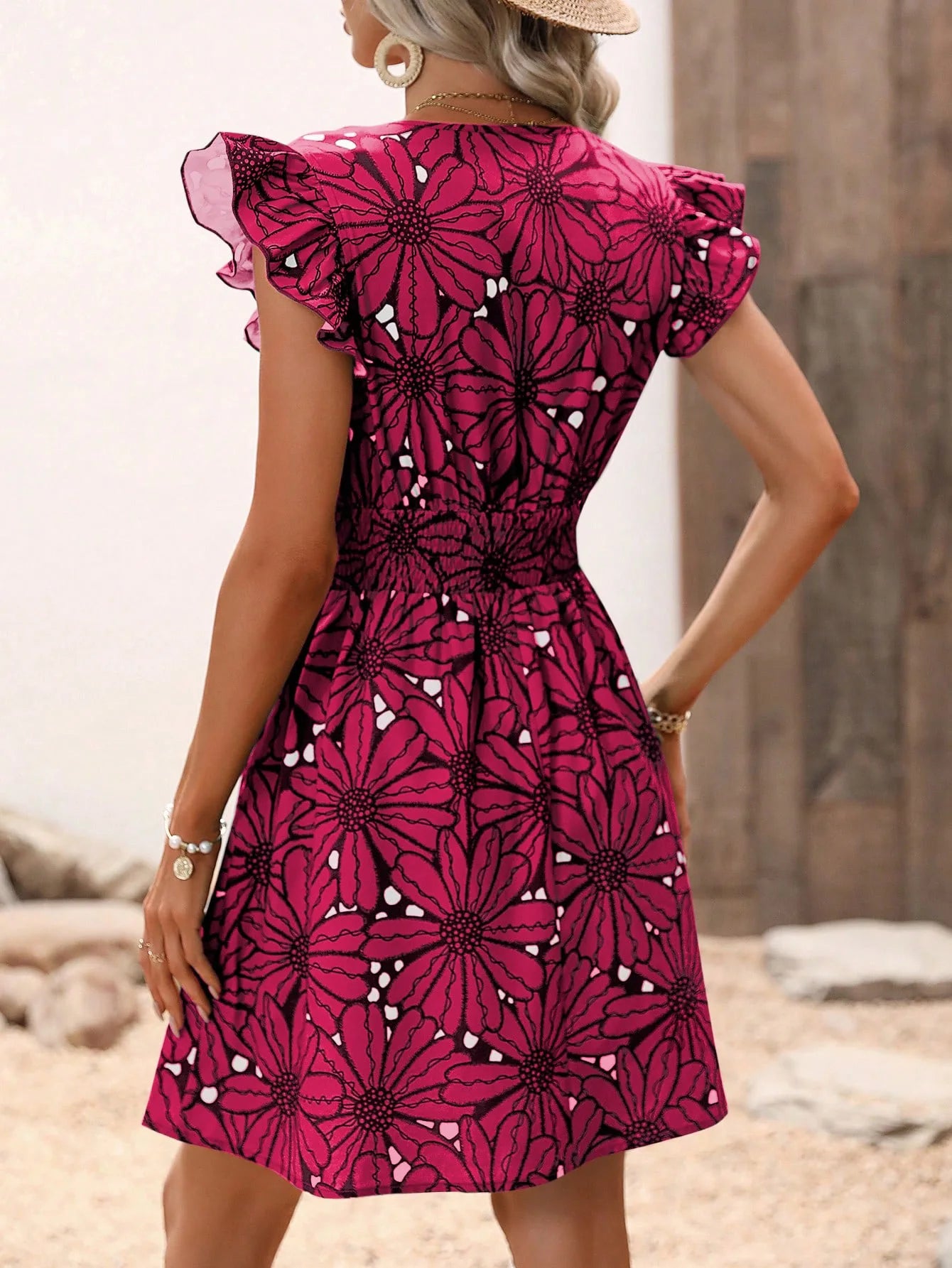 Fashion V-Neck Printed Dress Women's Petal Sleeve Mini Dresses Summer Party A-Line Dress Vestidos