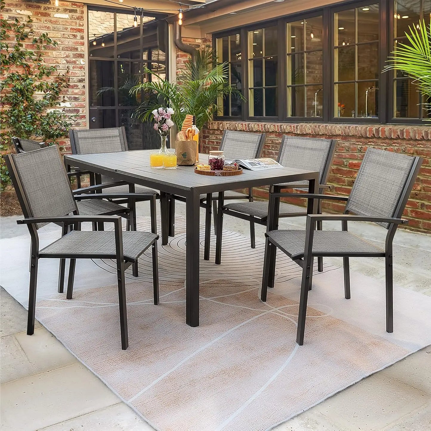 7 Piece Patio Dining Set Outdoor Furniture Set with Weather Resistant Table and 6 Stackable Textilene Chairs for Garden,