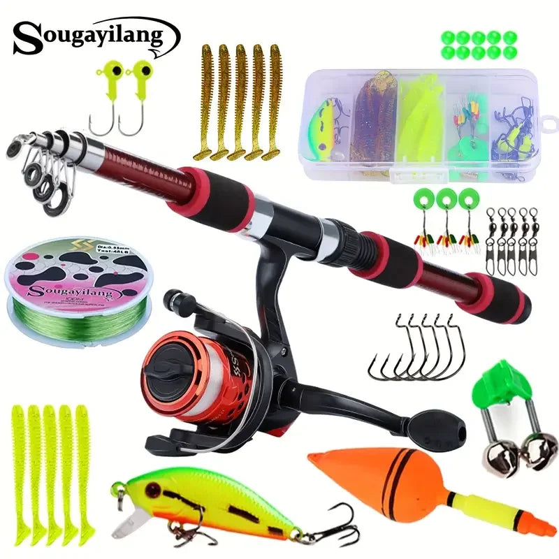 Spinning Fishing Pole Set 1.8M Portable Telescopic Rod with 5.2:1 Fishing Reel Max Drag 5kg Full Fishing Kit